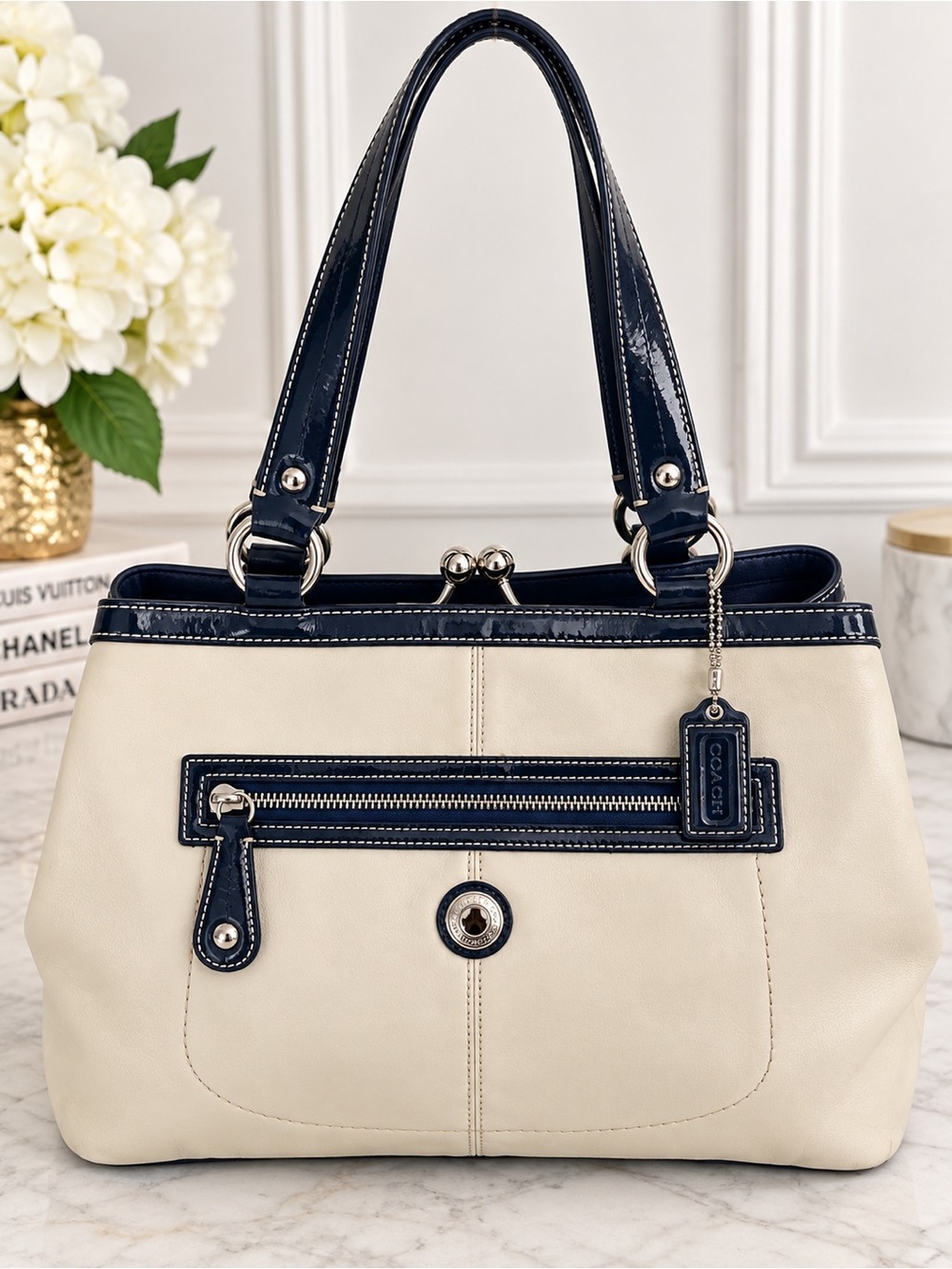 Coach Hamptons Ivory & Navy Leather Kisslock Tote F14866